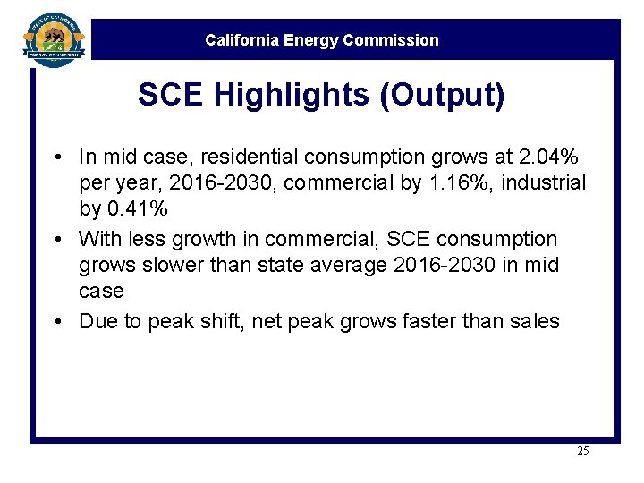 California Energy Commission SCE Highlights (Output) • In mid case, residential consumption grows at