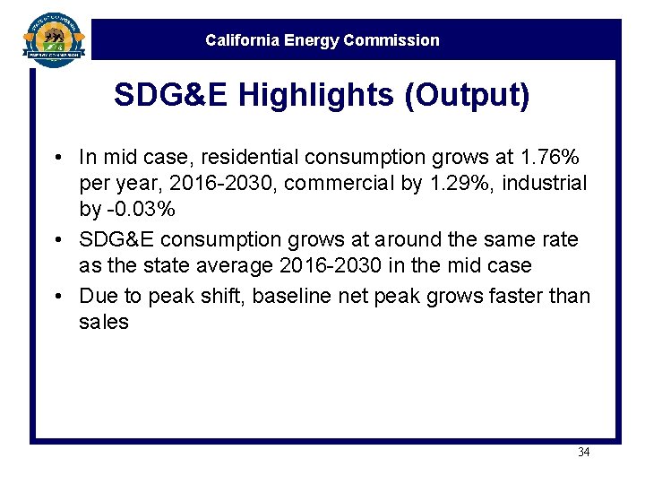 California Energy Commission SDG&E Highlights (Output) • In mid case, residential consumption grows at
