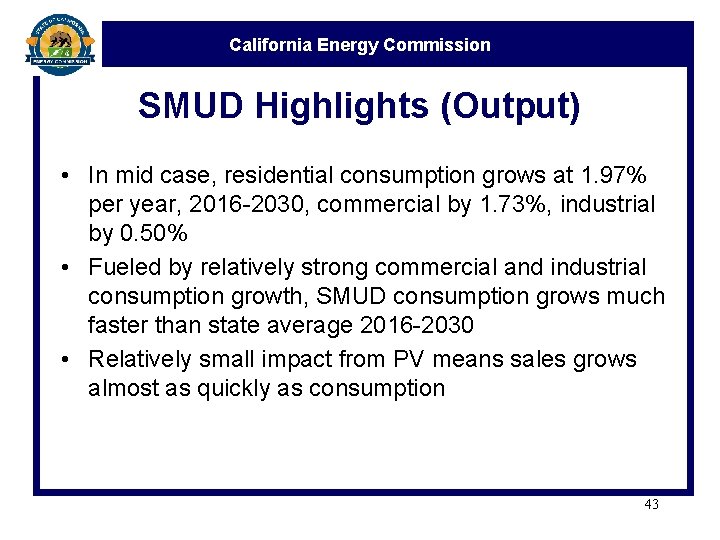 California Energy Commission SMUD Highlights (Output) • In mid case, residential consumption grows at