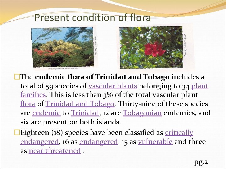 Present condition of flora �The endemic flora of Trinidad and Tobago includes a total