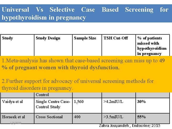Universal Vs Selective Case Based Screening for hypothyroidism in pregnancy Study Design Sample Size