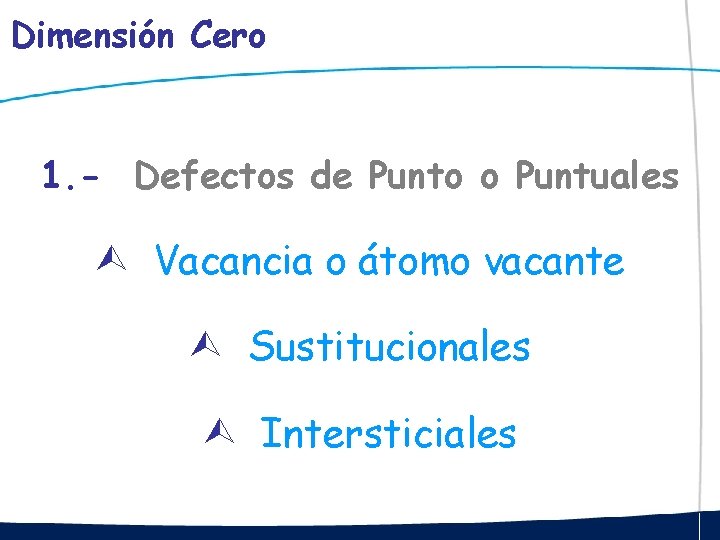 Dimensión Cero 1. - Defectos de Punto o Puntuales Vacancia o átomo vacante Sustitucionales