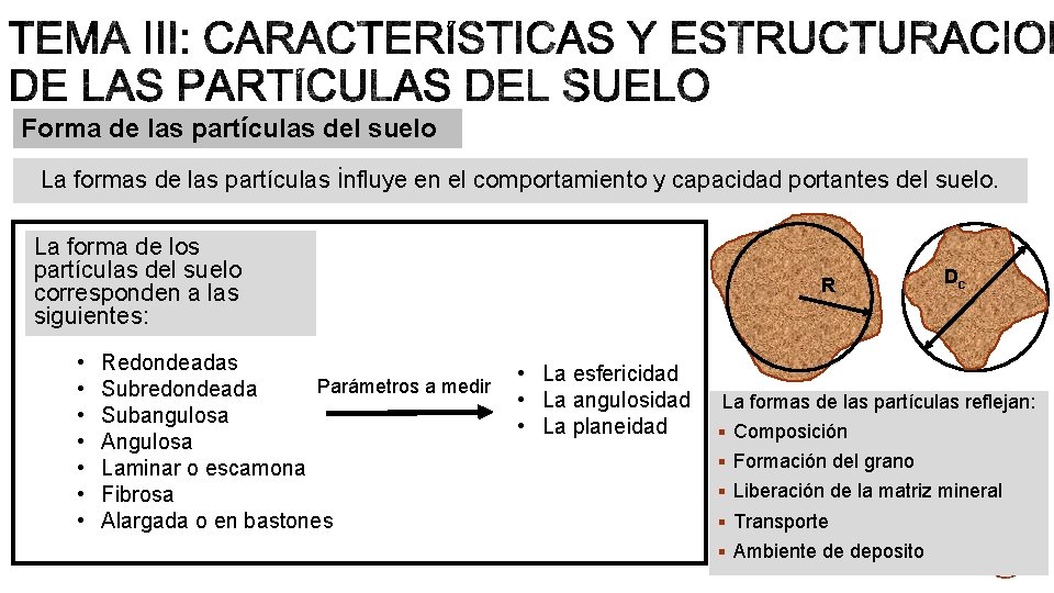 Forma de las partículas del suelo La formas de las partículas influye en el Forma de las partículas del suelo La formas de las partículas influye en el
