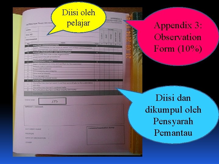 Diisi oleh pelajar Appendix 3: Observation Form (10%) Diisi dan dikumpul oleh Pensyarah Pemantau