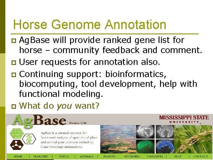 Horse Genome Annotation Ag. Base will provide ranked gene list for horse – community