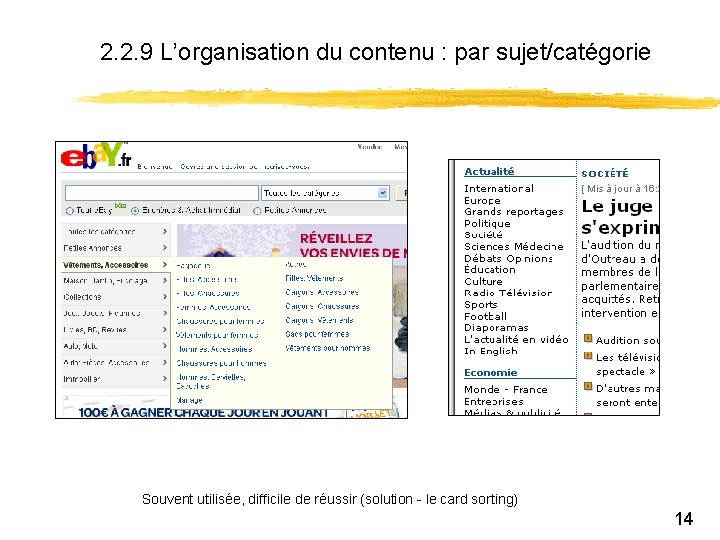 2. 2. 9 L’organisation du contenu : par sujet/catégorie Souvent utilisée, difficile de réussir