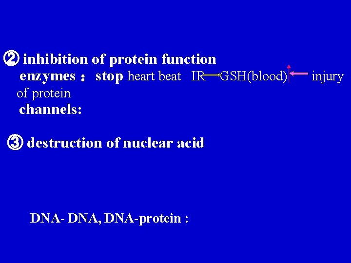 ② inhibition of protein function enzymes :stop heart beat IR GSH(blood) of protein channels: ② inhibition of protein function enzymes :stop heart beat IR GSH(blood) of protein channels: