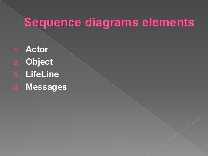Sequence diagrams elements Actor 2. Object 3. Life. Line 4. Messages 1. 