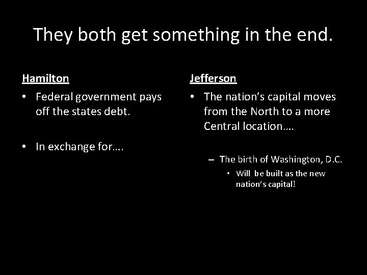 They both get something in the end. Hamilton Jefferson • Federal government pays off