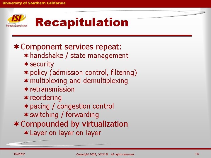 Recapitulation ¬ Component services repeat: ¬handshake / state management ¬security ¬policy (admission control, filtering) Recapitulation ¬ Component services repeat: ¬handshake / state management ¬security ¬policy (admission control, filtering)