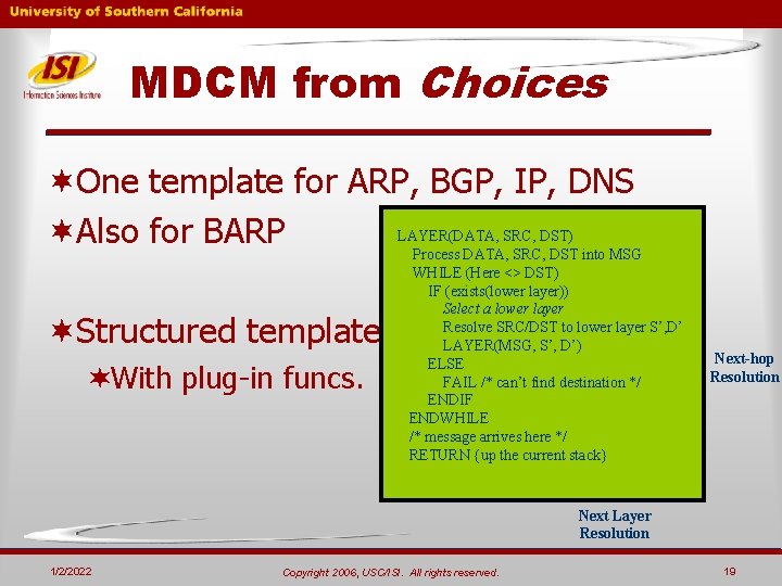 MDCM from Choices ¬One template for ARP, BGP, IP, DNS LAYER(DATA, SRC, DST) ¬Also MDCM from Choices ¬One template for ARP, BGP, IP, DNS LAYER(DATA, SRC, DST) ¬Also