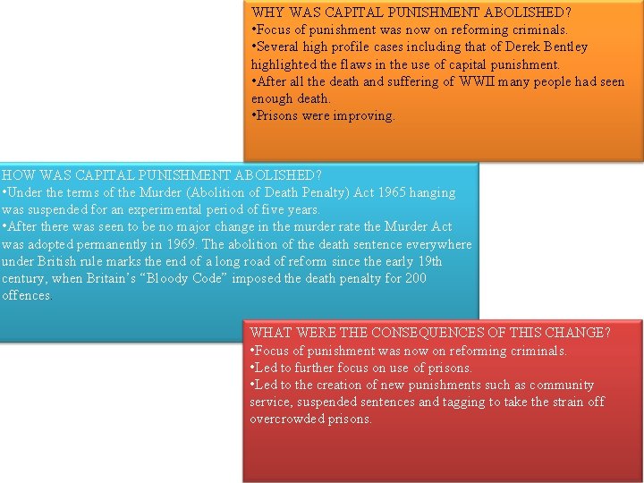 WHY WAS CAPITAL PUNISHMENT ABOLISHED? • Focus of punishment was now on reforming criminals.