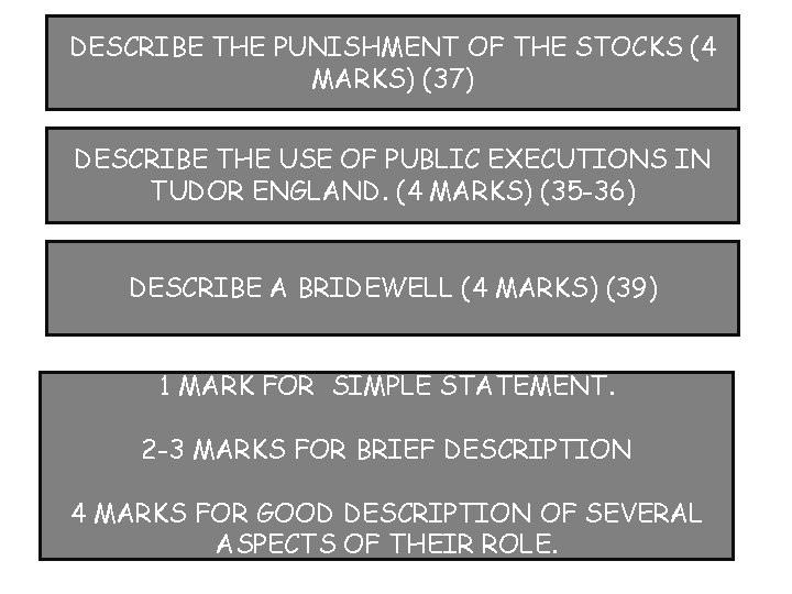 DESCRIBE THE PUNISHMENT OF THE STOCKS (4 MARKS) (37) DESCRIBE THE USE OF PUBLIC