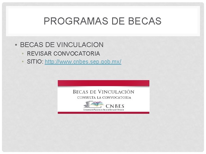 PROGRAMAS DE BECAS • BECAS DE VINCULACION • REVISAR CONVOCATORIA • SITIO: http: //www.