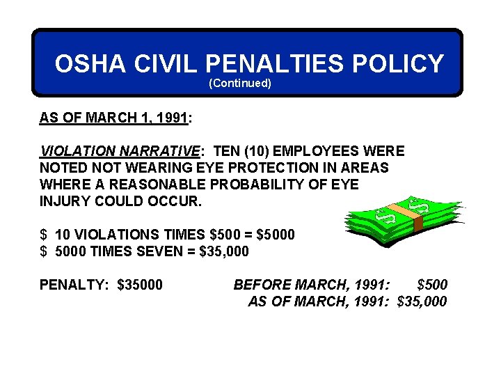 OSHA CIVIL PENALTIES POLICY (Continued) AS OF MARCH 1, 1991: VIOLATION NARRATIVE: TEN (10)