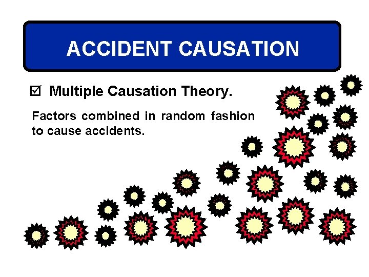 ACCIDENT CAUSATION þ Multiple Causation Theory. Factors combined in random fashion to cause accidents.