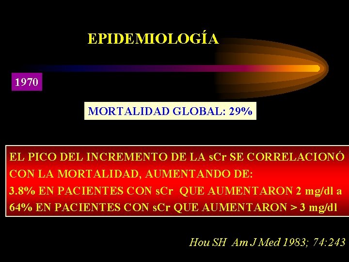 EPIDEMIOLOGÍA 1970 MORTALIDAD GLOBAL: 29% EL PICO DEL INCREMENTO DE LA s. Cr SE