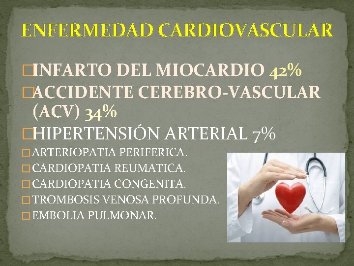 ENFERMEDAD CARDIOVASCULAR �INFARTO DEL MIOCARDIO 42% �ACCIDENTE CEREBRO-VASCULAR (ACV) 34% �HIPERTENSIÓN ARTERIAL 7% �