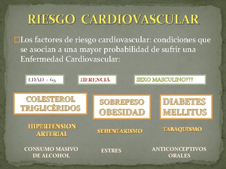 RIESGO CARDIOVASCULAR �Los factores de riesgo cardiovascular: condiciones que se asocian a una mayor
