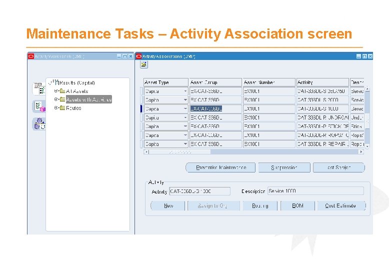 Maintenance Tasks – Activity Association screen 