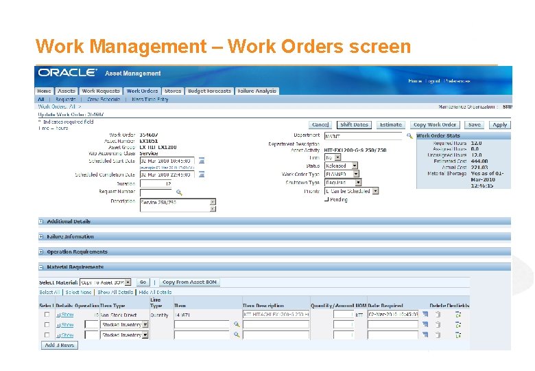 Work Management – Work Orders screen 