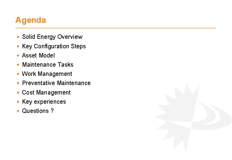 Agenda · Solid Energy Overview · Key Configuration Steps · Asset Model · Maintenance