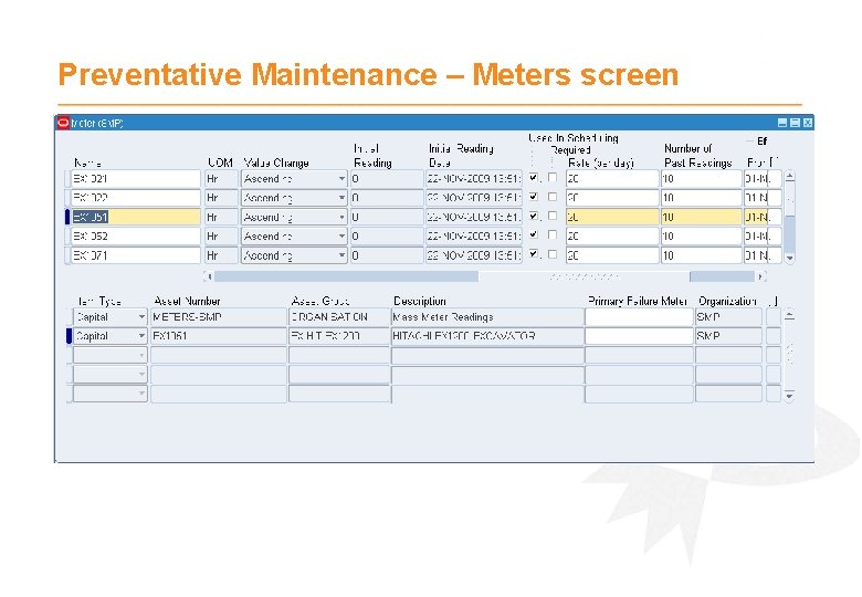 Preventative Maintenance – Meters screen 