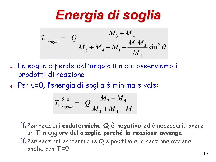 Energia di soglia La soglia dipende dall’angolo a cui osserviamo i prodotti di reazione