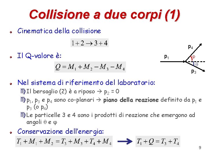 Collisione a due corpi (1) Cinematica della collisione p 4 Il Q-valore è: p