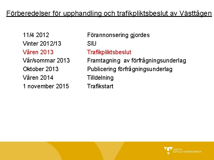 Förberedelser för upphandling och trafikpliktsbeslut av Västtågen 11/4 2012 Vinter 2012/13 Våren 2013 Vår/sommar