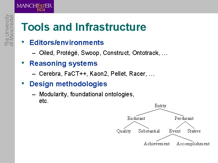 Tools and Infrastructure • Editors/environments – Oiled, Protégé, Swoop, Construct, Ontotrack, … • Reasoning