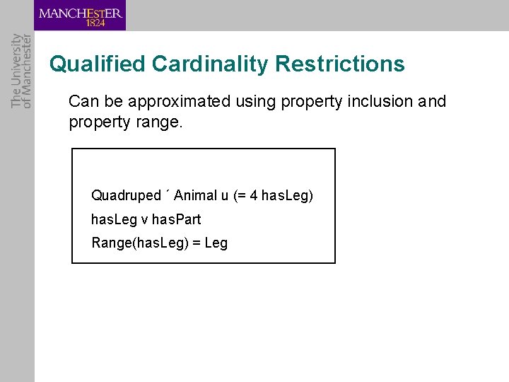 Qualified Cardinality Restrictions Can be approximated using property inclusion and property range. Quadruped ´