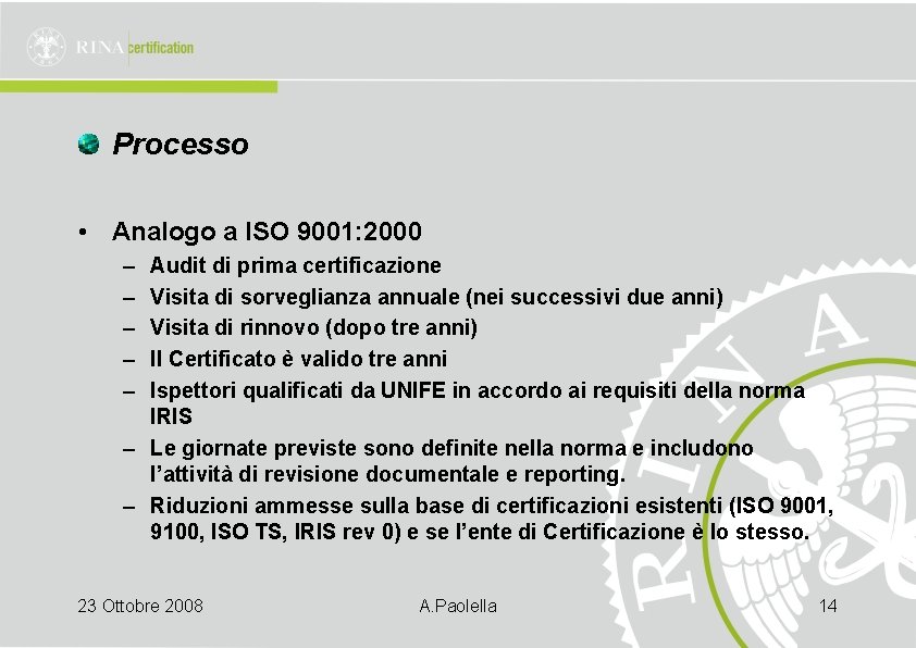 Processo • Analogo a ISO 9001: 2000 – – – Audit di prima certificazione