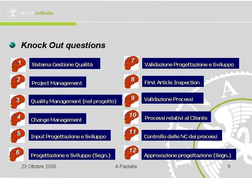 Knock Out questions 1 2 3 4 5 6 7 Sistema Gestione Qualità 8