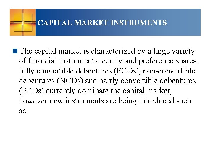 CAPITAL MARKET INSTRUMENTS <The capital market is characterized by a large variety of financial