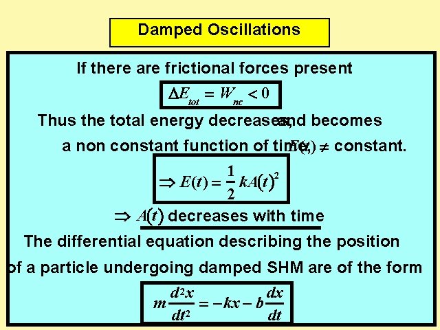 Damped Oscillations If there are frictional forces present DEtot Wnc < 0 Thus the