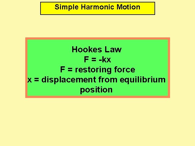 Simple Harmonic Motion Hookes Law F = -kx F = restoring force x =