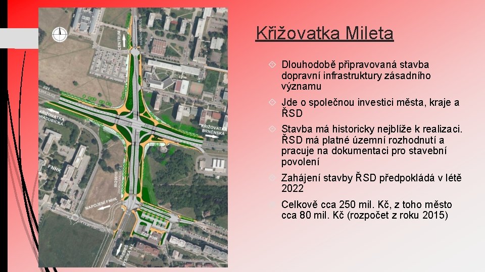 Křižovatka Mileta Dlouhodobě připravovaná stavba dopravní infrastruktury zásadního významu Jde o společnou investici města,