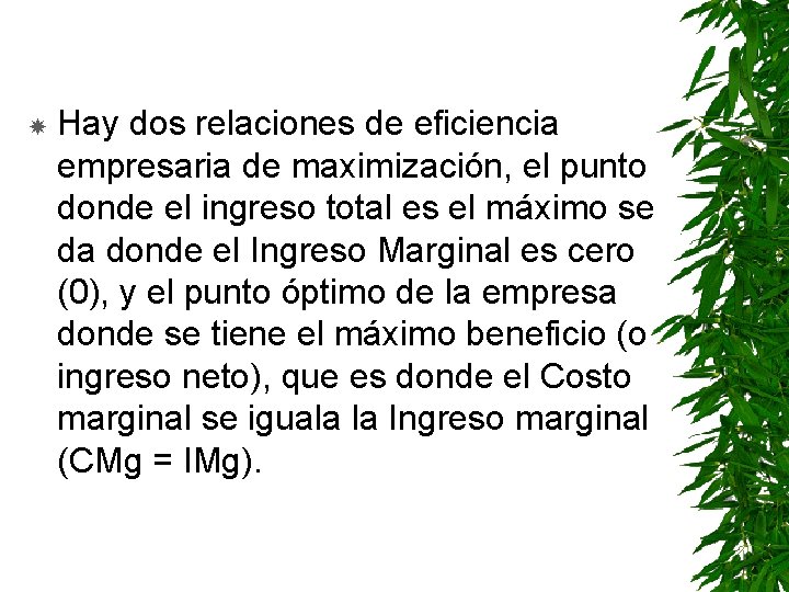  Hay dos relaciones de eficiencia empresaria de maximización, el punto donde el ingreso