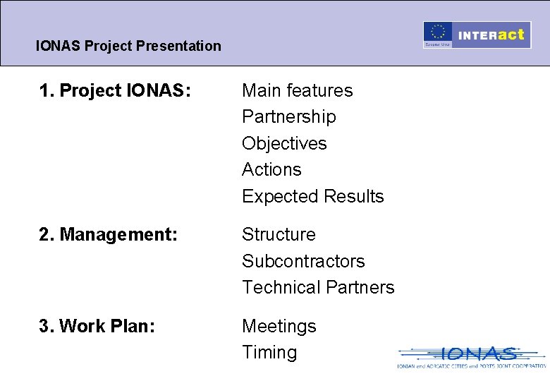 IONAS Project Presentation 1. Project IONAS: Main features Partnership Objectives Actions Expected Results 2.