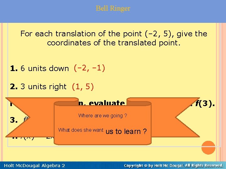 2 -1 Using Transformations to Graph Bell Ringer Quadratic Functions For each translation of