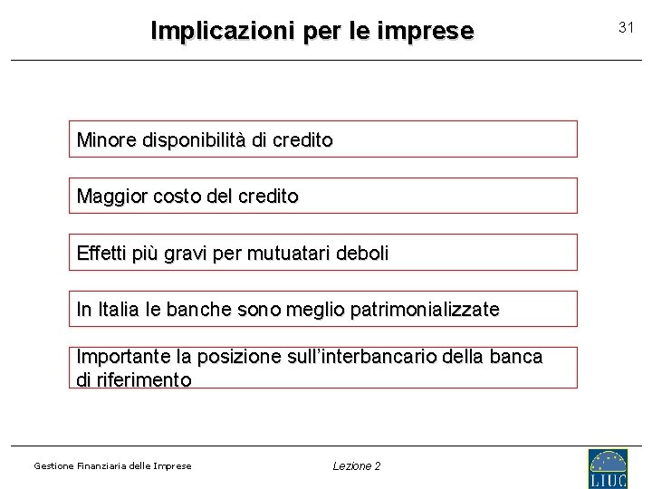 Implicazioni per le imprese Minore disponibilità di credito Maggior costo del credito Effetti più