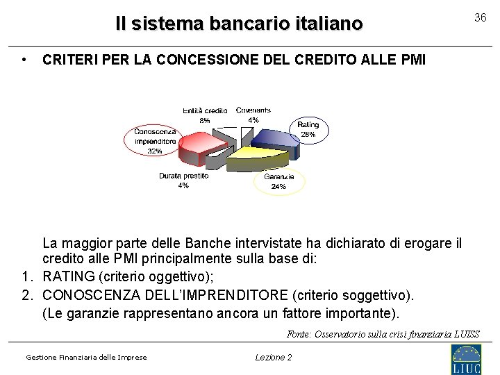 Il sistema bancario italiano • 36 CRITERI PER LA CONCESSIONE DEL CREDITO ALLE PMI