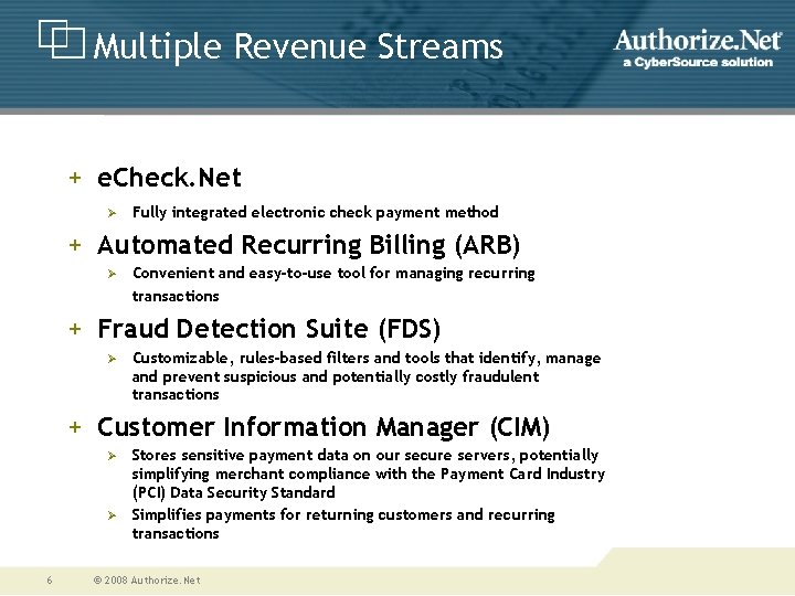 Multiple Revenue Streams + e. Check. Net Ø Fully integrated electronic check payment method