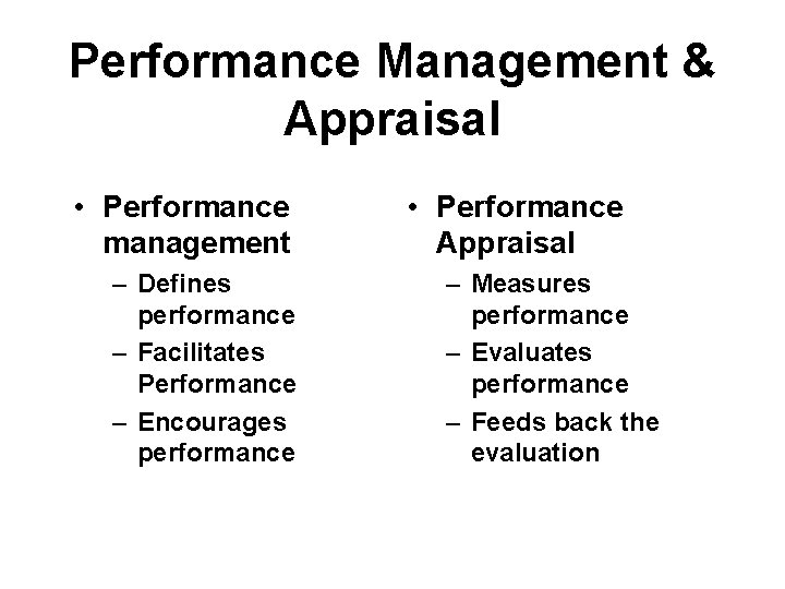 Performance Management & Appraisal • Performance management – Defines performance – Facilitates Performance –