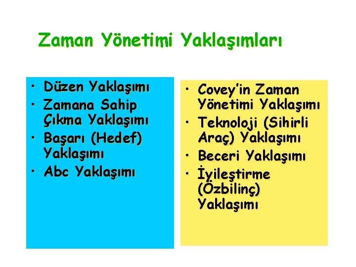 Zaman Yönetimi Yaklaşımları • Düzen Yaklaşımı • Zamana Sahip Çıkma Yaklaşımı • Başarı (Hedef)