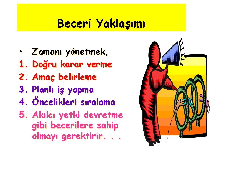 Beceri Yaklaşımı • 1. 2. 3. 4. 5. Zamanı yönetmek, Doğru karar verme Amaç
