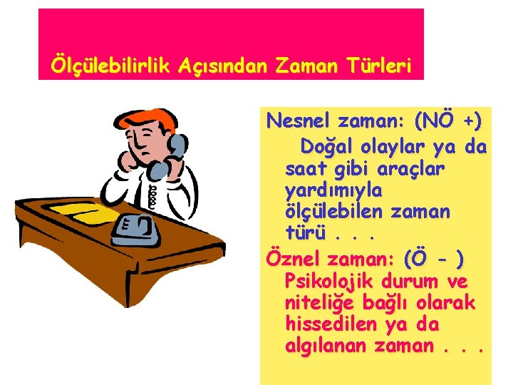 Ölçülebilirlik Açısından Zaman Türleri Nesnel zaman: (NÖ +) Doğal olaylar ya da saat gibi