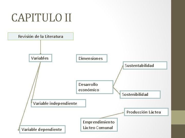 CAPITULO II Revisión de la Literatura Variables Dimensiones Sustentabilidad Desarrollo económico Sostenibilidad Variable independiente