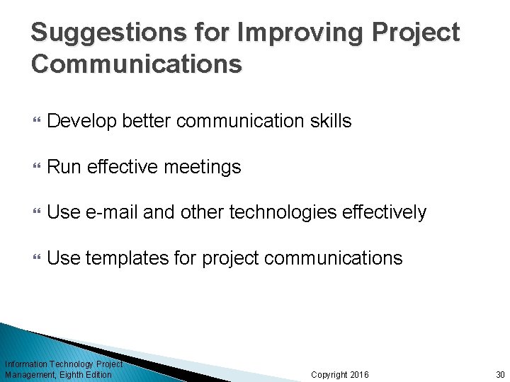Suggestions for Improving Project Communications Develop better communication skills Run effective meetings Use e-mail